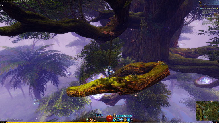 Über quert die Liane, aber springt gerade auf den Pilz, sonst rutscht ihr hinab