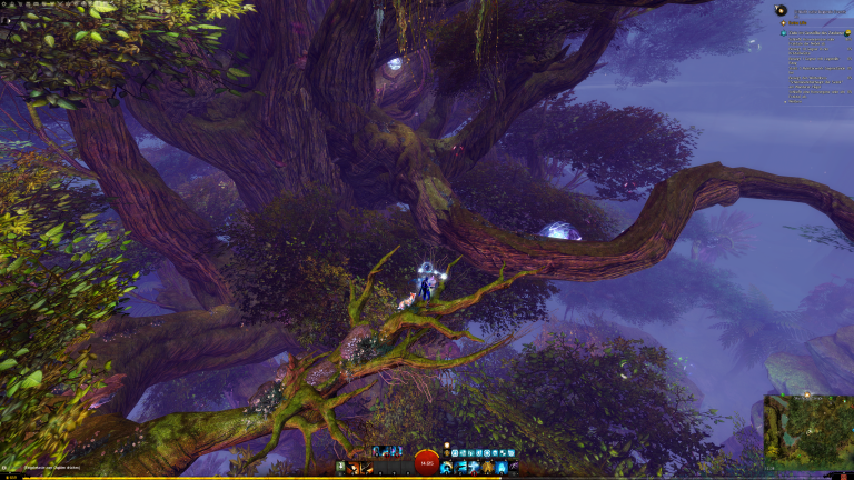 Blickt dort oben weiter nach links. Auf dem Ast sind wieder die Blumen, wohin ihr gleiten müsst, um dann Richtung Baumstamm zu laufen