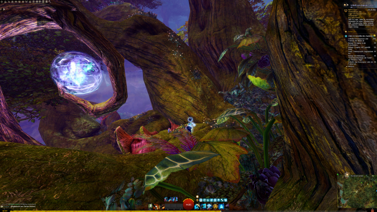 Nehmt den letzten dicken Ast und springt ihn hinauf den Blumen folgend.