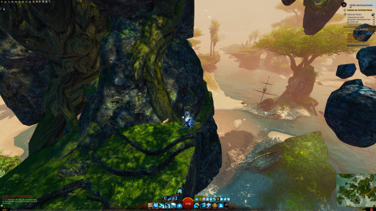 Ihr seid hochgeportet worden an der ersten Kugel und gleitet am Felsen um die Ecke.