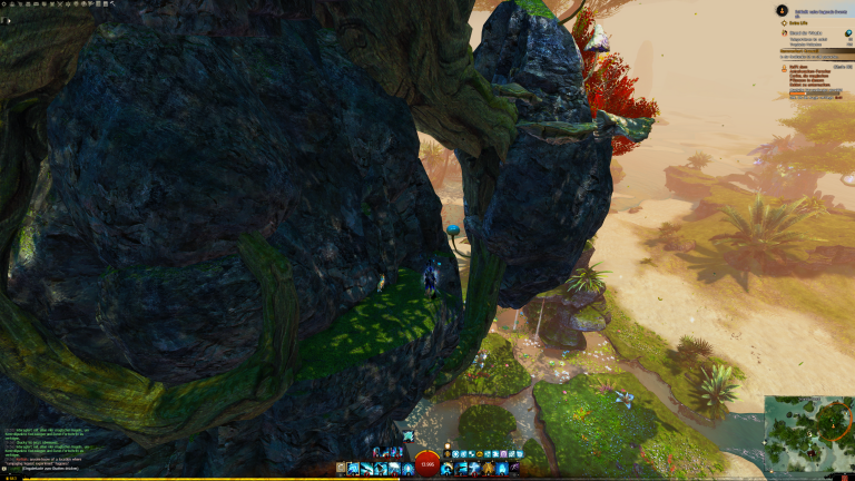 Wir springen und gleiten zum blauen Pilz hinter dem Bogen.