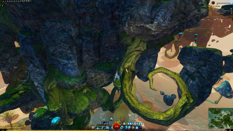 Weiter geht es auf die Wurzel hinauf. Hier springt ihr in kleinen Sprüngen vorwärts, um schliddern und abrutschen zu vermeiden, bis ihr auf dem oberen Bogen angekommen seid.