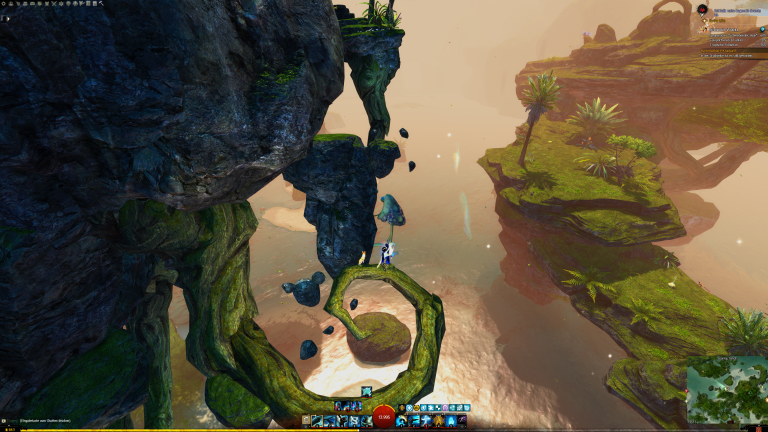 Wir wollen auf den weiter entfernten Stein. Eigentlich müssten wir ohne Jadebot auf dem Pilz rechts landen, aber wir Springen, gleiten und nutzen den Jadebot-Aufwind, um direkt auf der Plattform zu landen.