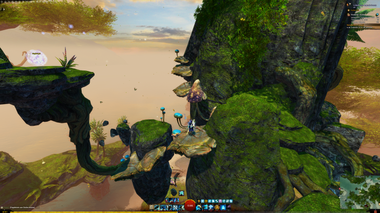 Der Cooldown des Jadebot-Aufwindes sollte durch sein. Gleitet zu den Pilzen in Blickrichtung, nutzt den Jadebot-Aufwind und spart euch Weg.