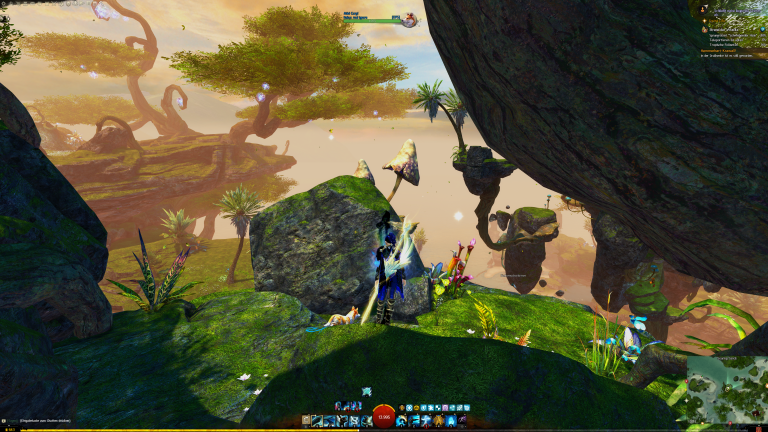 Wir klettern den Felsen an der Wand hoch und  gleiten auf den Stein mit den Pilzen.